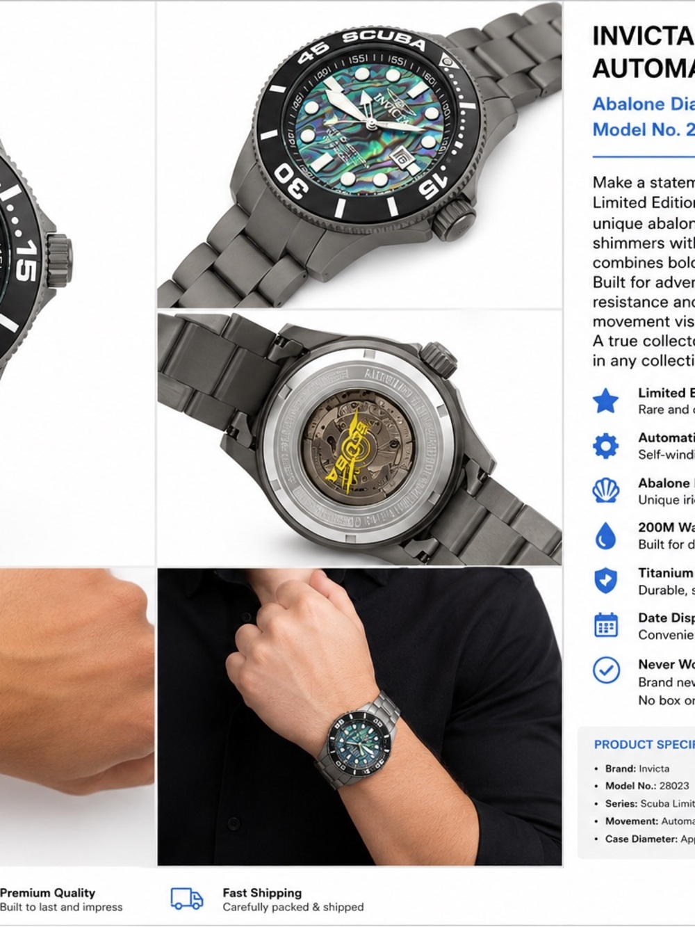 Invicta Scuba Watch with Iridescent Abalone Dial - Black/Green/Blue